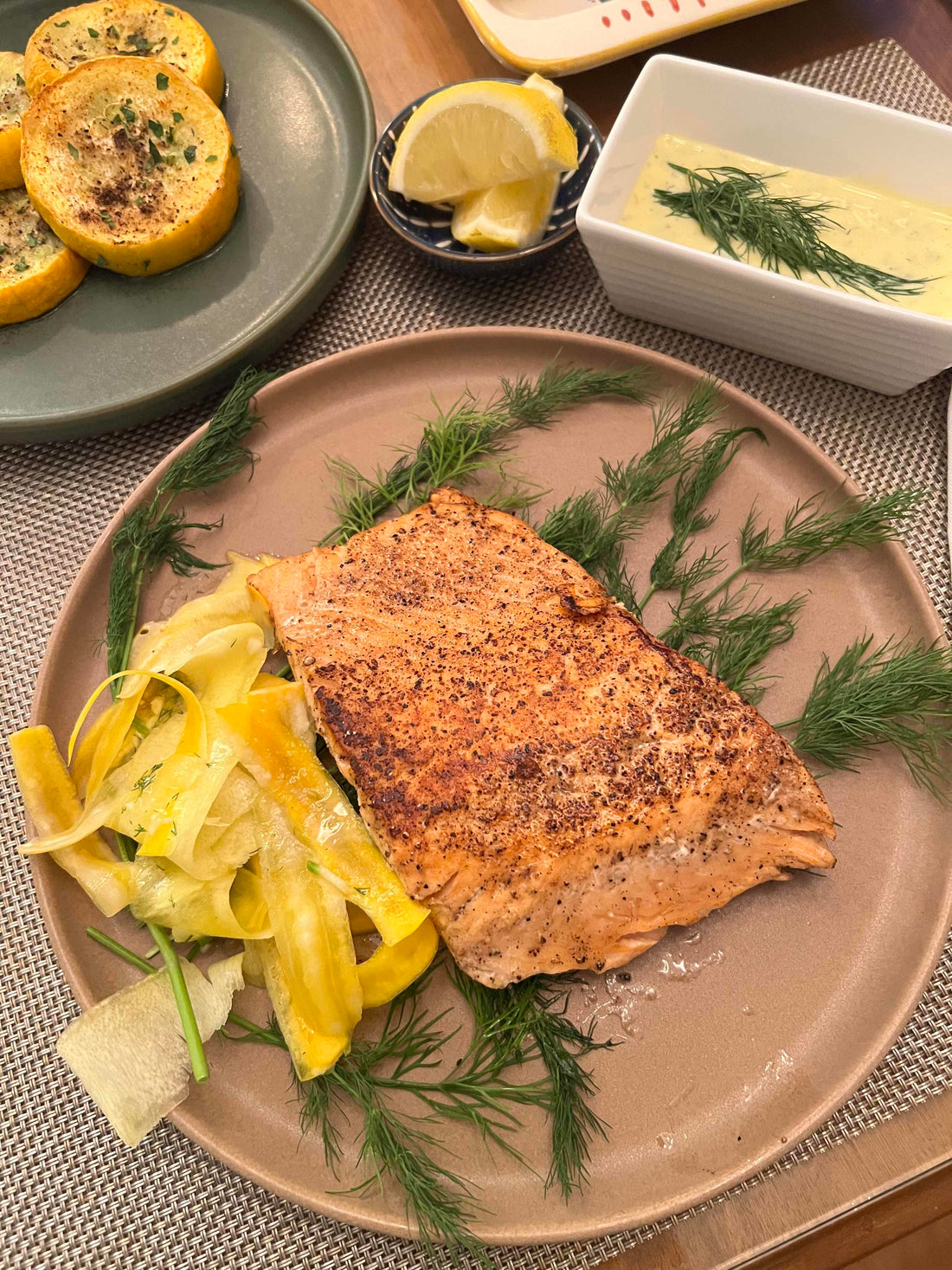 Pan-Seared Salmon with Homemade Dill Tartar Sauce & White Kampot Pepper