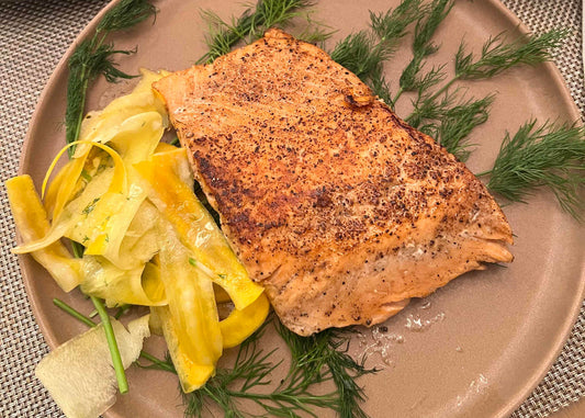 Pan-Seared Salmon with Homemade Dill Tartar Sauce & White Kampot Pepper