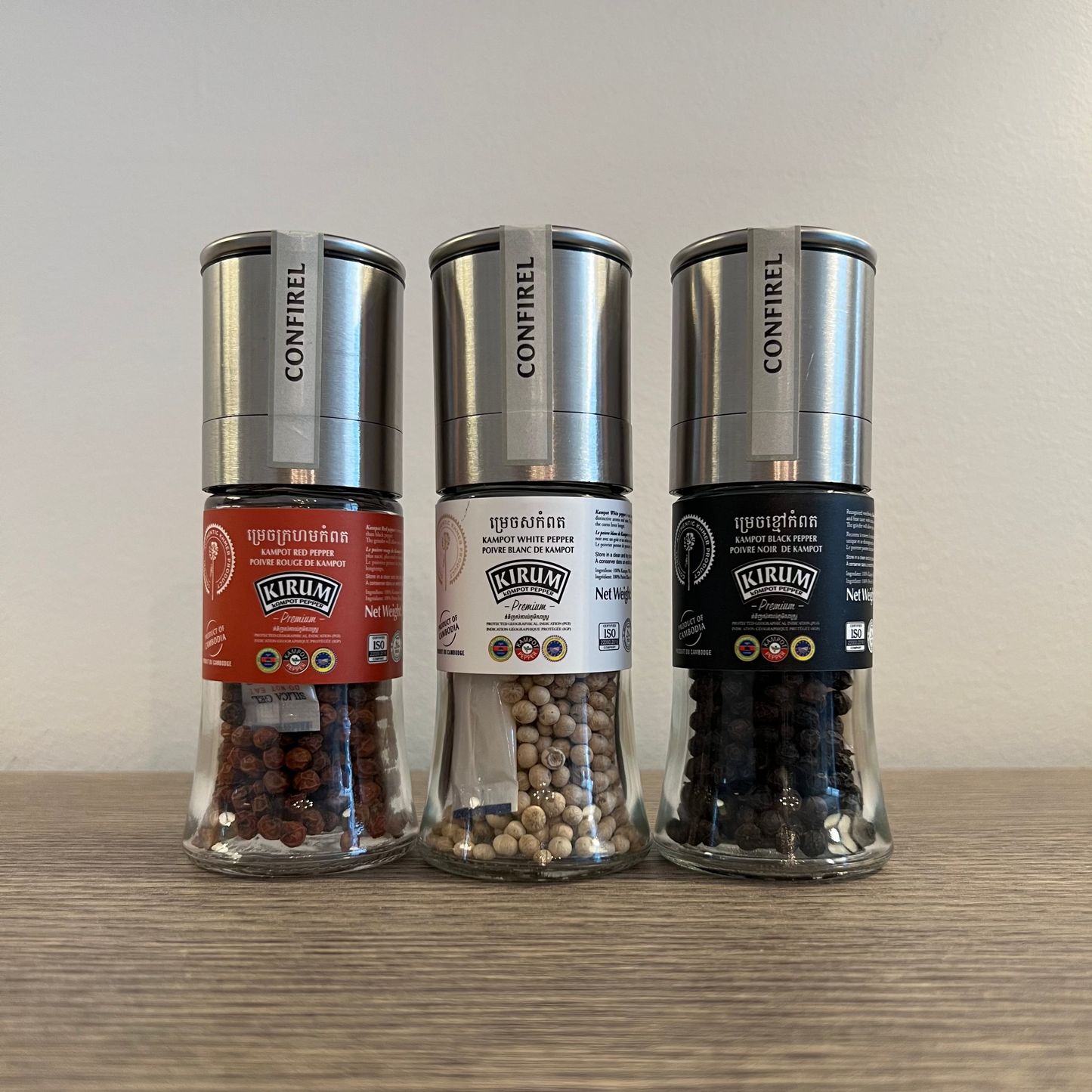 Trio de moulins à poivre Kampot – Collection de 3 pièces (3 × 30 g) 90 g