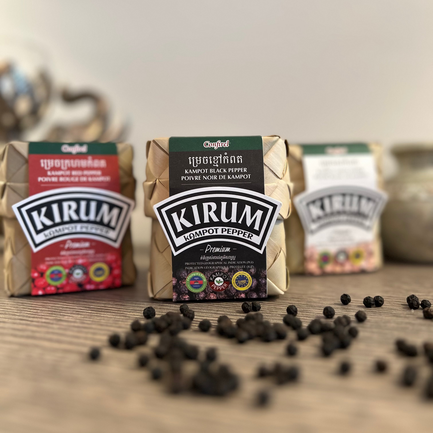 Trio de feuilles de palmier au poivre de Kampot – Collection artisanale 300 g (3 × 100 g)